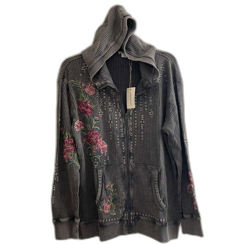 Sundance Rose Embroidered Zip Front 100% Cotton Hoodie Cardigan Tattoo Size L - Picture 2 of 10